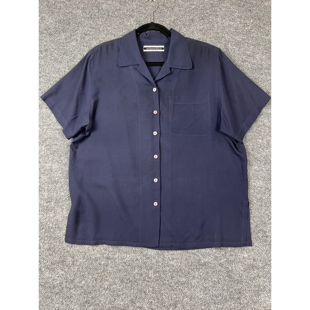 Amanda Smith Camp Shirt Women Large Navy Blue Silk Short Sleeve Button Down Soft